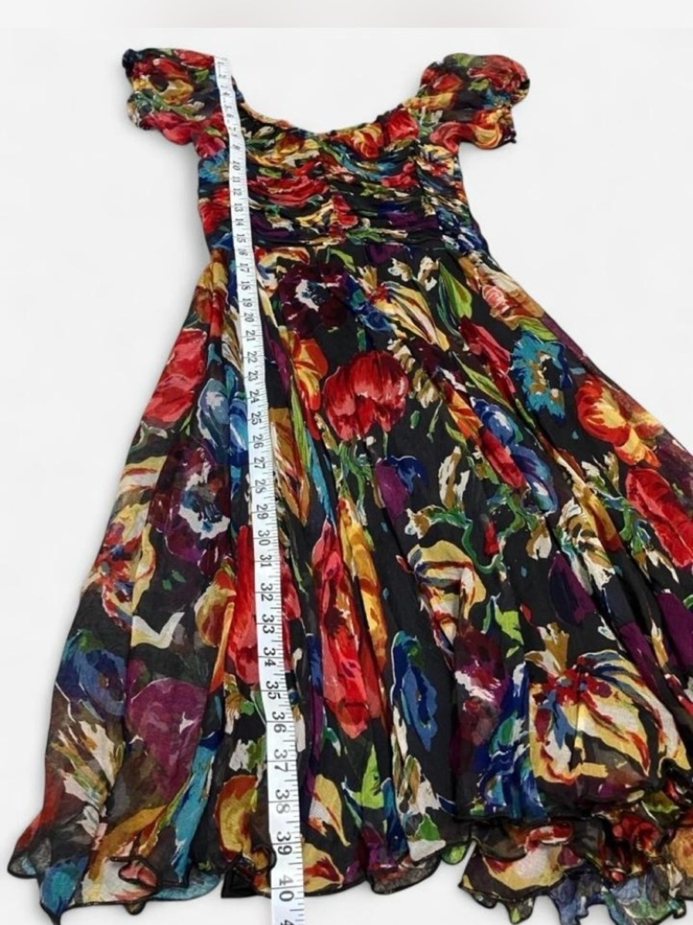 Floral Sheer Silk Overlay Midi Dress with Ruched Bodice Women’s Size S - Picture 4 of 7